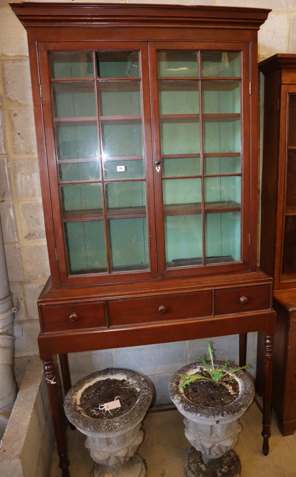 A 19th century and later painted pine display cabinet on stand, W.109cm, D.38cm, H.220cm